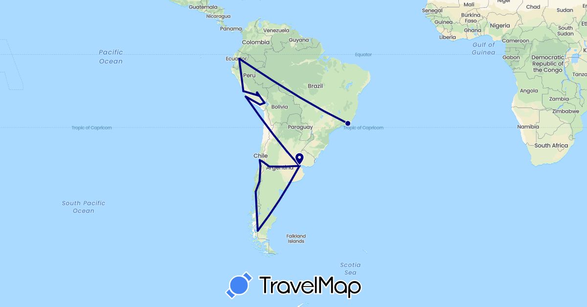 TravelMap itinerary: driving in Argentina, Brazil, Chile, Peru (South America)