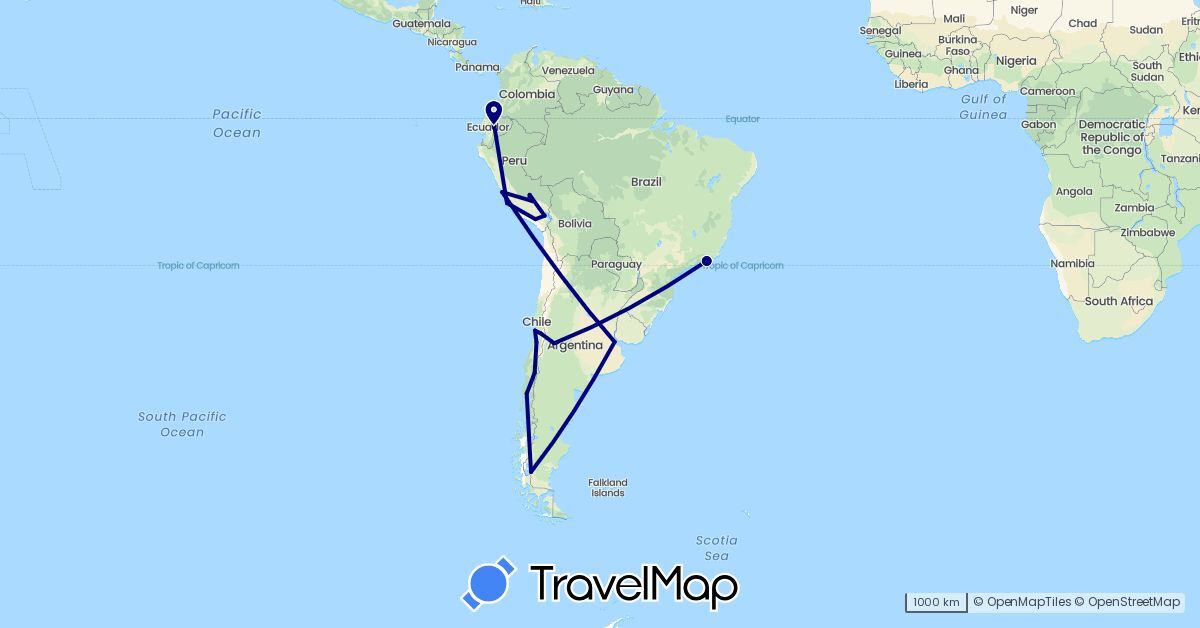 TravelMap itinerary: driving in Argentina, Brazil, Chile, Ecuador, Peru (South America)